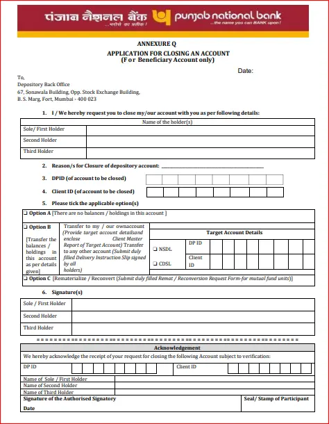 PNB Account Closure Form